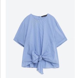 ZARA Pinstripe Blue White Tie Bow Blouse Top Sz XS